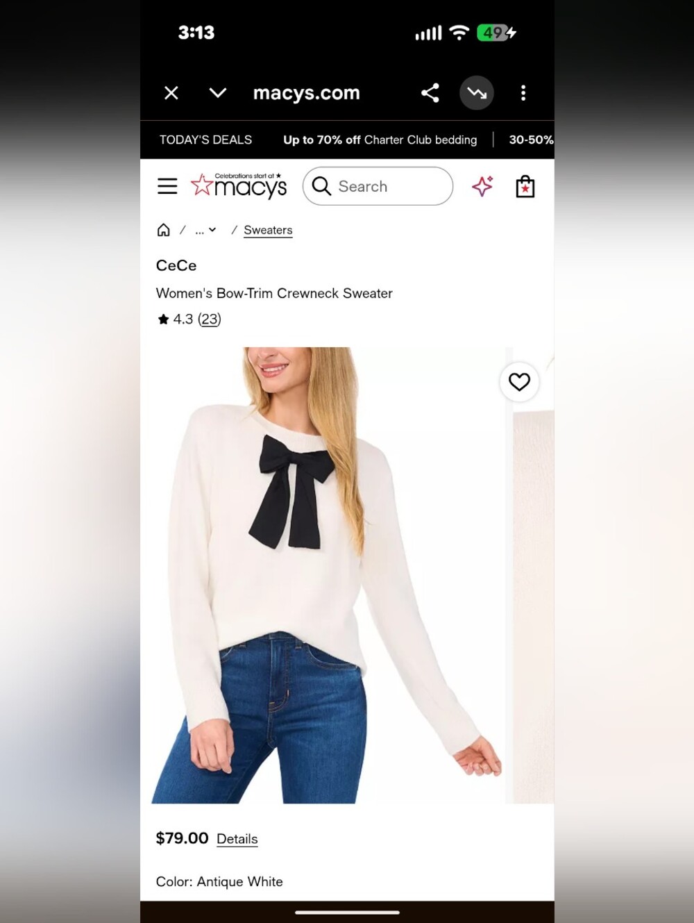 CeCe Women's Cream Bow-Trim Crewneck Sweater with Black Bow Size L